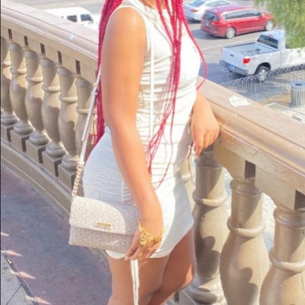 PLT Cream Rib Ruched Side Sleeveless Bodycon Dress